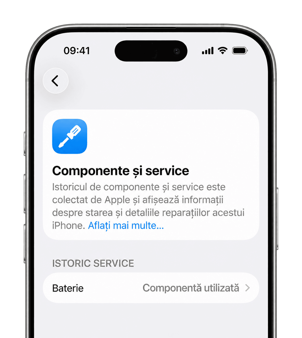 L’écran iPhone « Historique des pièces et réparations » : la batterie apparaît comme « Pièce d’occasion »