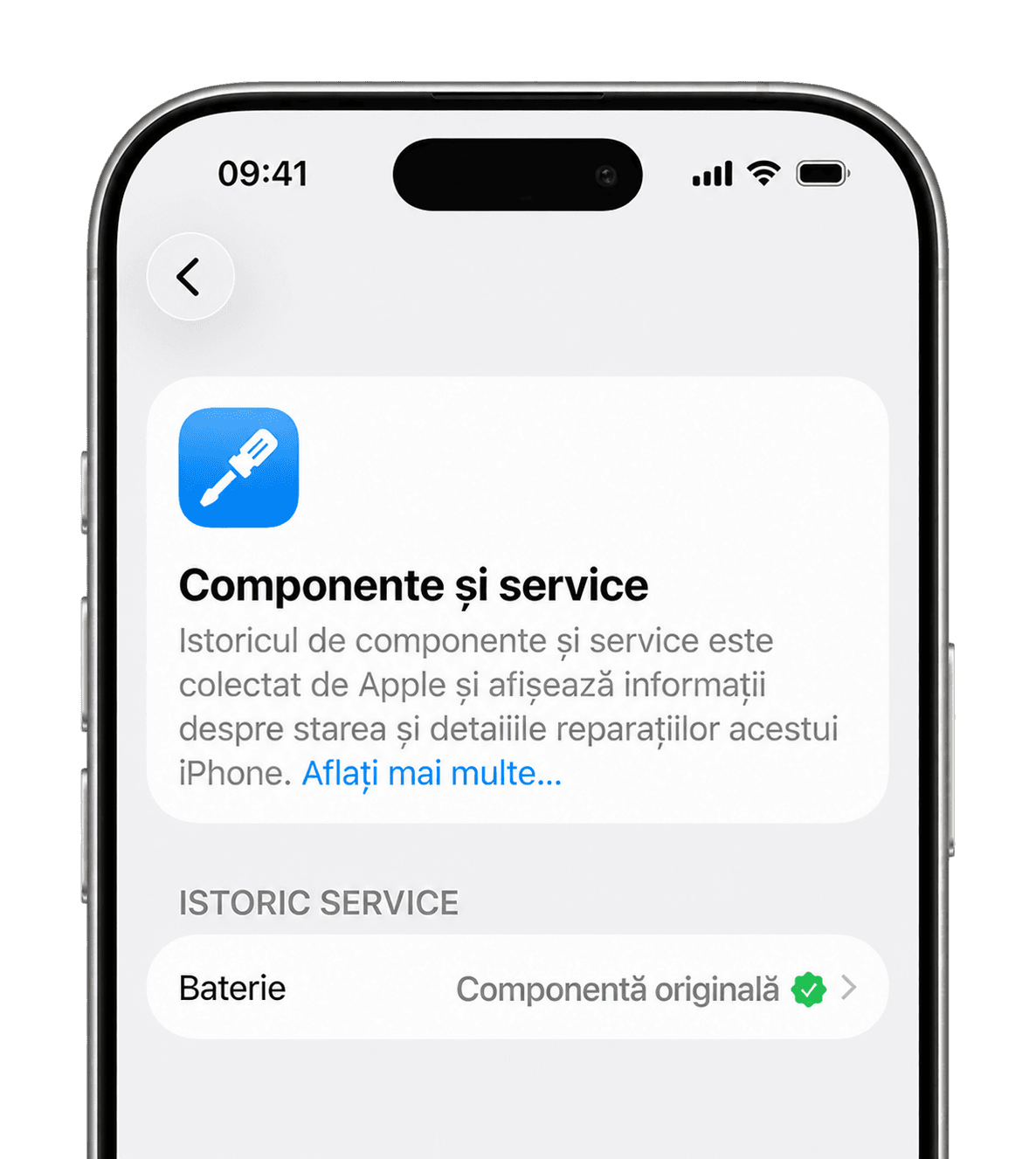 Der iPhone Bildschirm „Teile- und Servicehistorie“: Der Akku wird als „Originalteil“ angezeigt