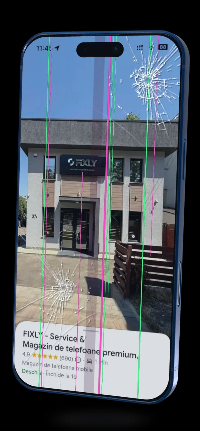 iPhone mit gesprungenem Display, das den Standort und das Profil von FIXLY in Google Maps zeigt