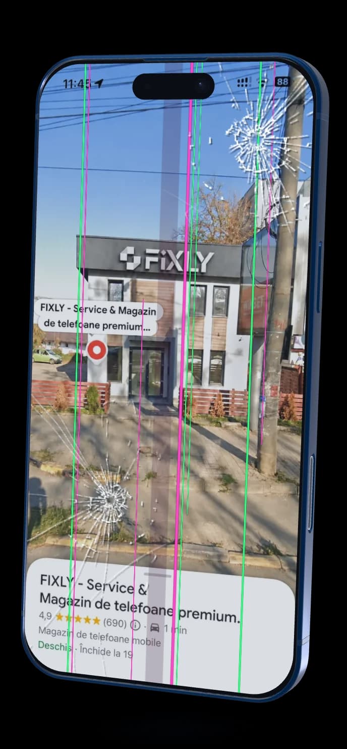 iPhone cu ecran crăpat afișând locația și profilul FIXLY în Google Maps