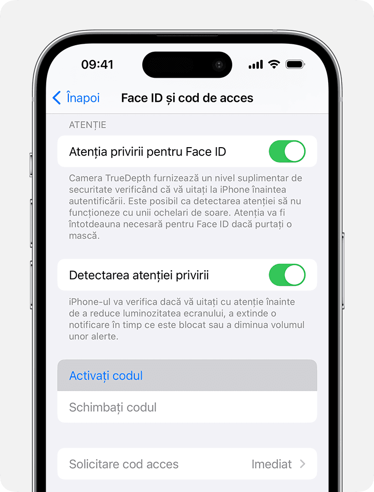 Imagine oficială Apple care arată meniul Face ID și cod de acces pe iPhone